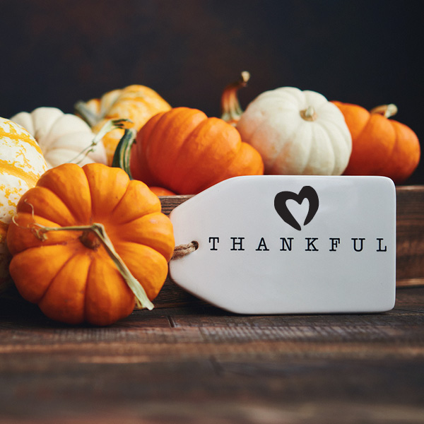 Thankful tag on a bunch of autumn gourds